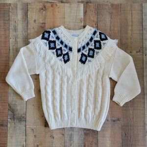 Vintage Backroad Blues Chunky Hand Knit Fringe Cardigan Sweater